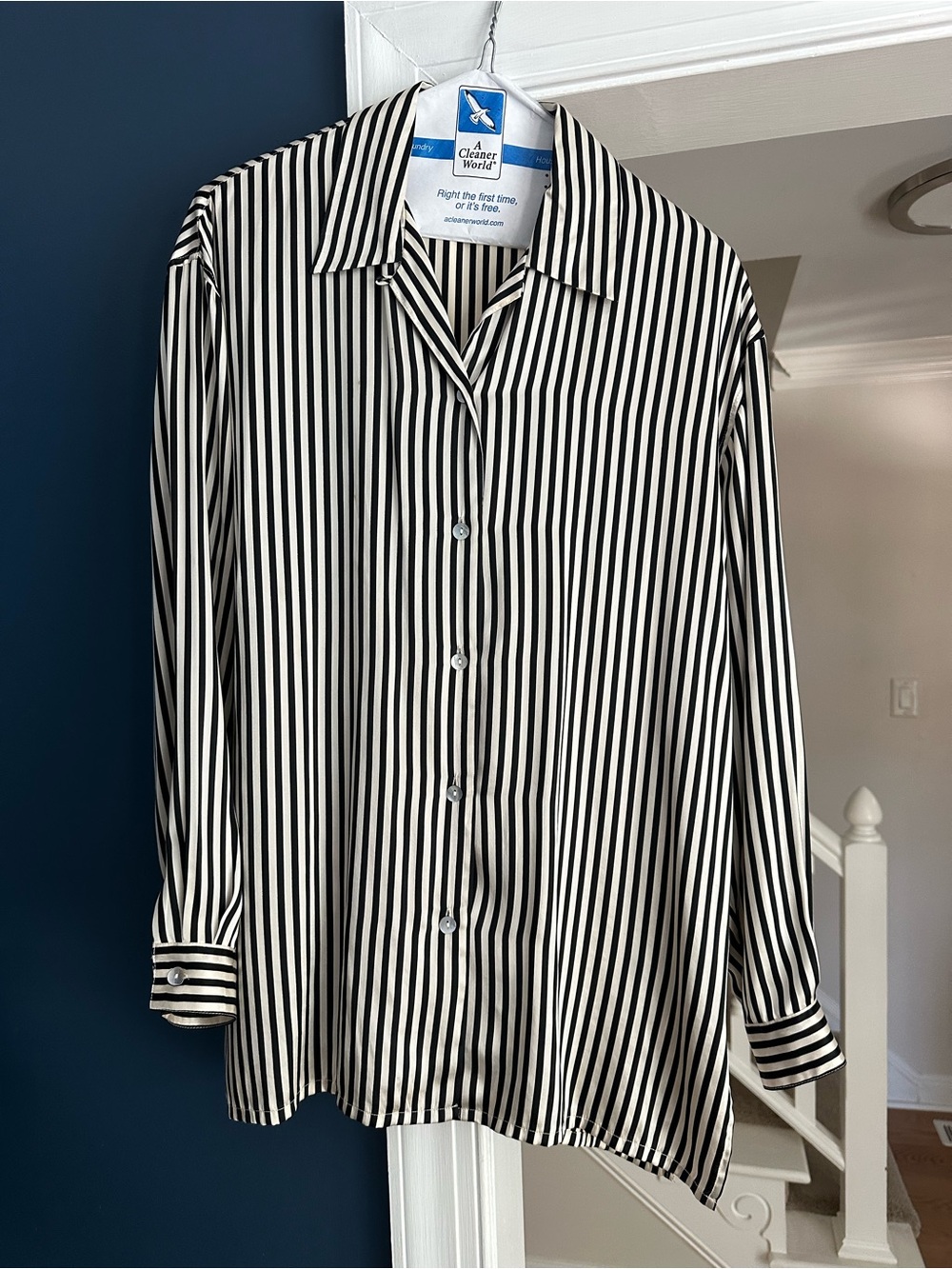 STUNT Vintage 100% Silk Black & Ivory Striped Button Up Shirt Medium